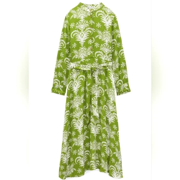 Zara Lilou Belted Green & White Floral Midi Sub Dress - Medium - Picture 8 of 11